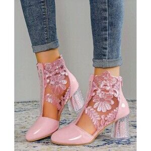 Dodo Heels Patent Leather Pink Lace Ankle Shoes Flower Mesh Chunky Heels Size 9